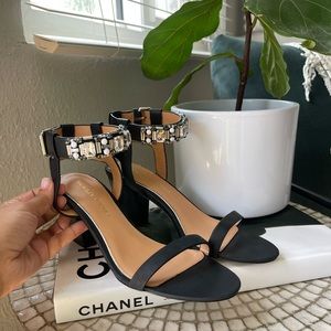 Jewel Badgley Mischka Gem Studded Ankle Strap Leather Heels Sandals Worn Once